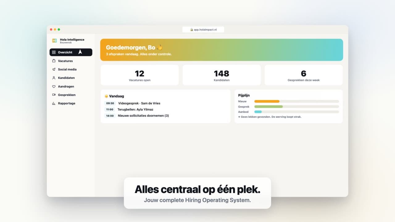 Voorbeeld van het Hola Impact-platform: vacatures, kandidaten en geplande gesprekken bij elkaar